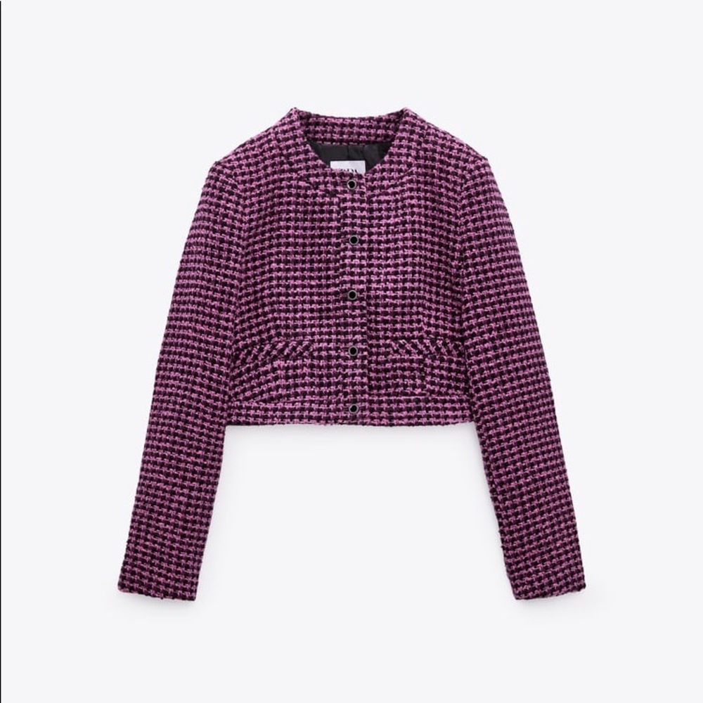 Tweed textured houndstooth button black pink Zara blazer jacket designer